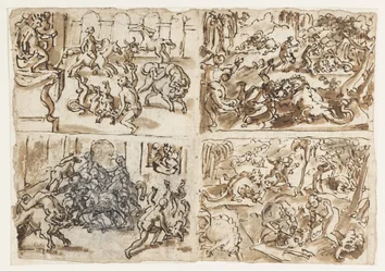 Title- Page from a Sketchbook Showing Four Scenes Including Thessalians Fighting Bulls (Recto)